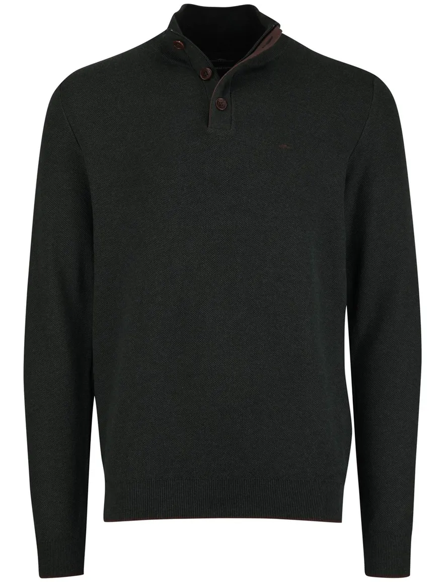 Fynch Hatton melange half zip trui donkergroen katoen