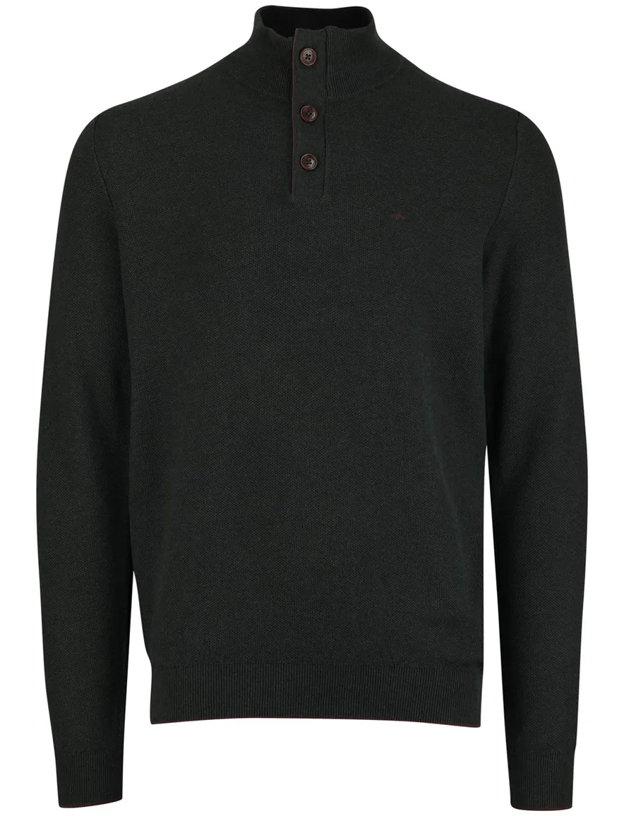 Fynch Hatton melange half zip trui donkergroen katoen