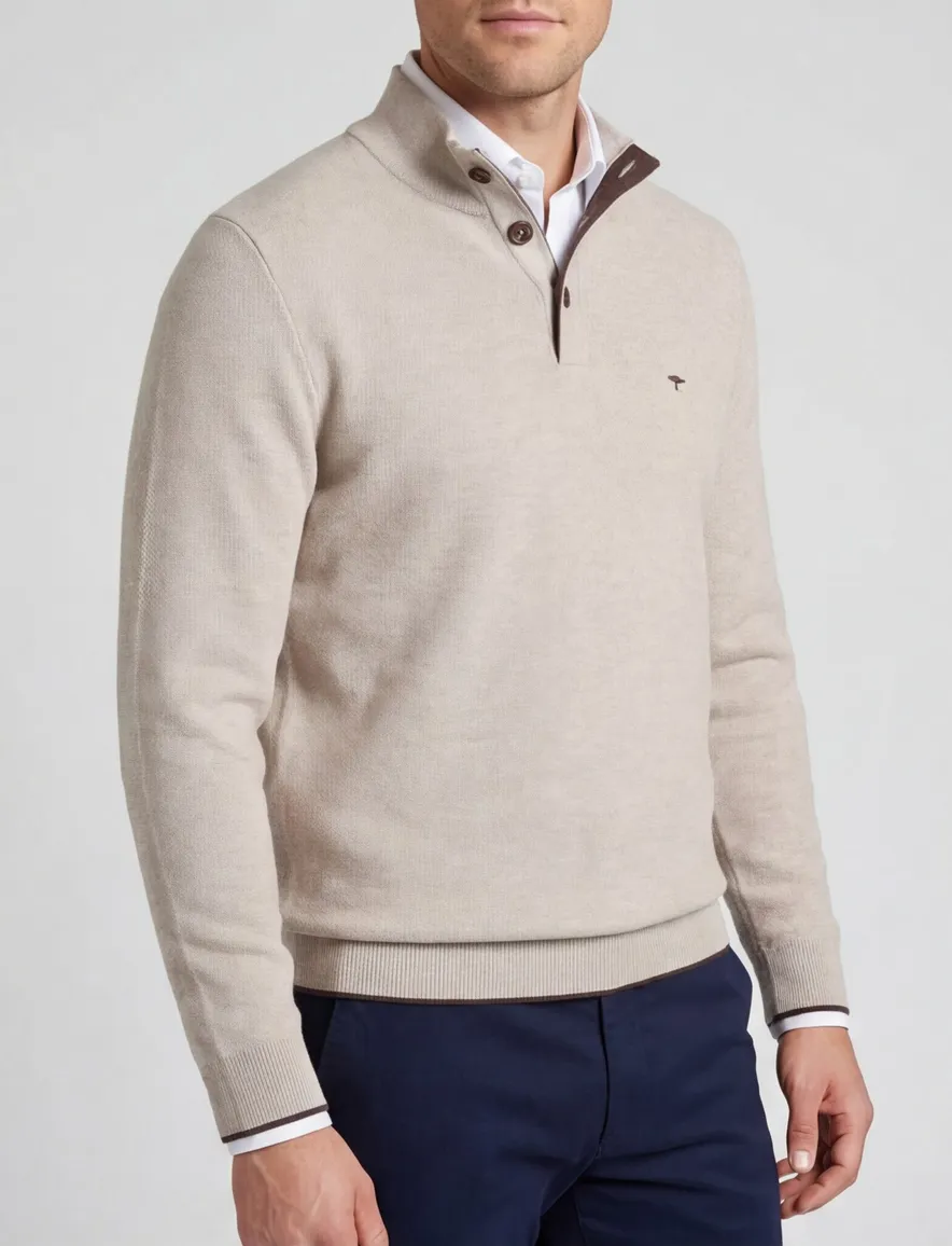 Fynch Hatton melange half zip trui beige 100% katoen
