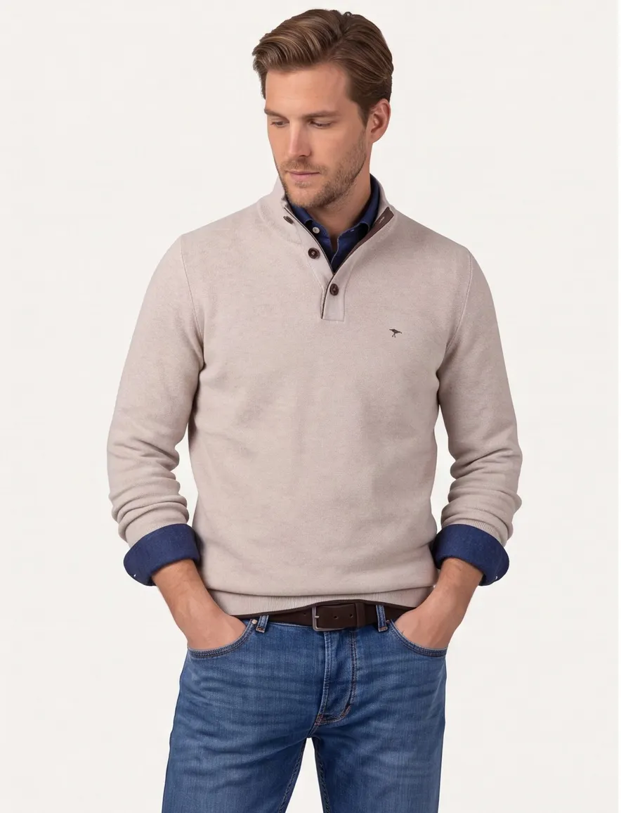 Fynch Hatton melange half zip trui beige 100% katoen