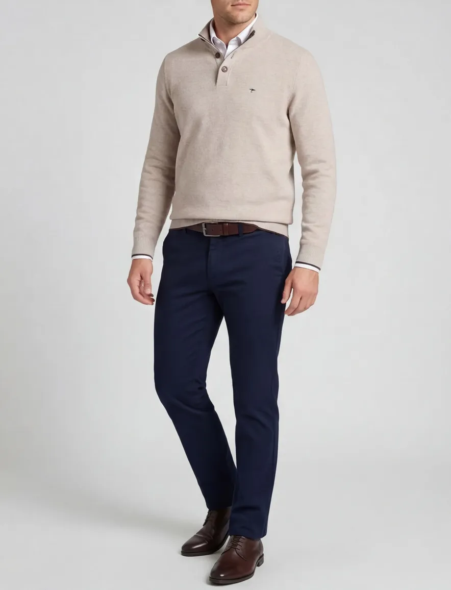 Fynch Hatton melange half zip trui beige 100% katoen