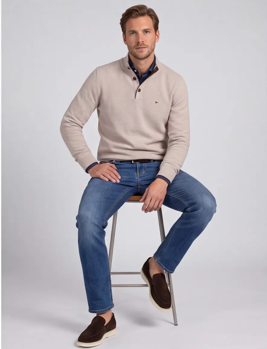 Fynch Hatton melange half zip trui beige 100% katoen