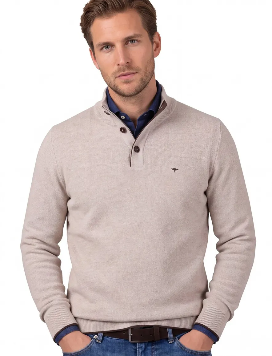 Fynch Hatton melange half zip trui beige 100% katoen