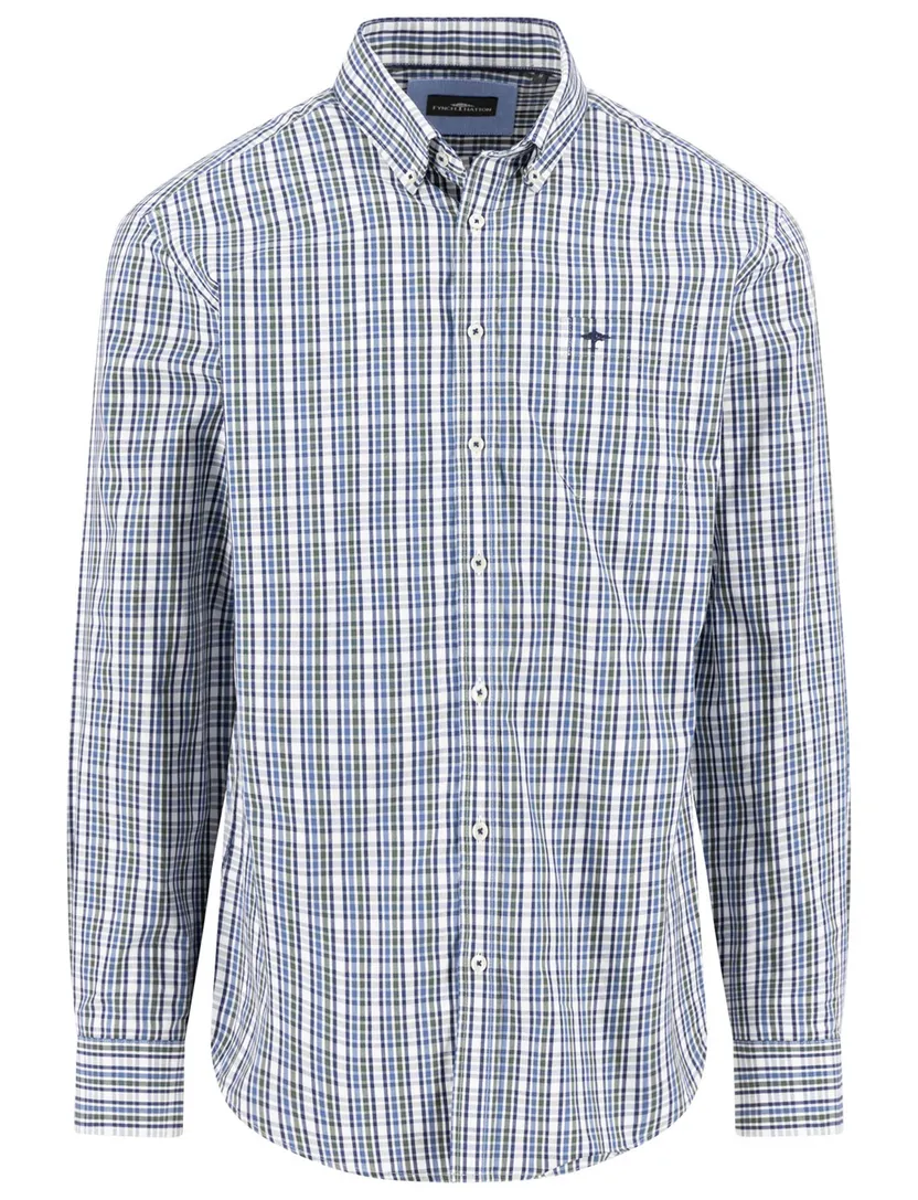 Fynch Hatton geruit overhemd blauw wit katoen borstzak