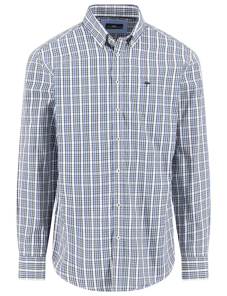 Fynch Hatton geruit overhemd blauw wit katoen button-down