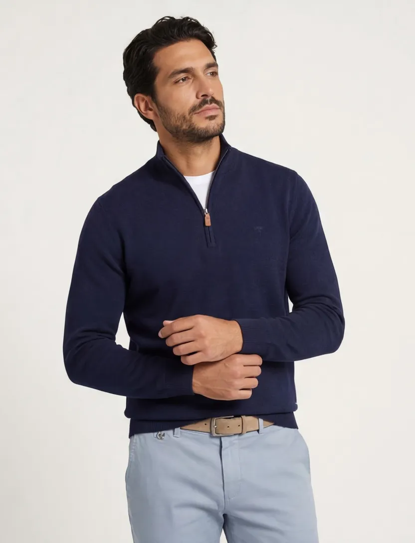 katoenen Fynch-Hatton trui half zip donkerblauw normale fit