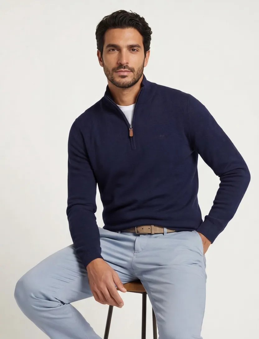 katoenen Fynch-Hatton trui half zip donkerblauw normale fit