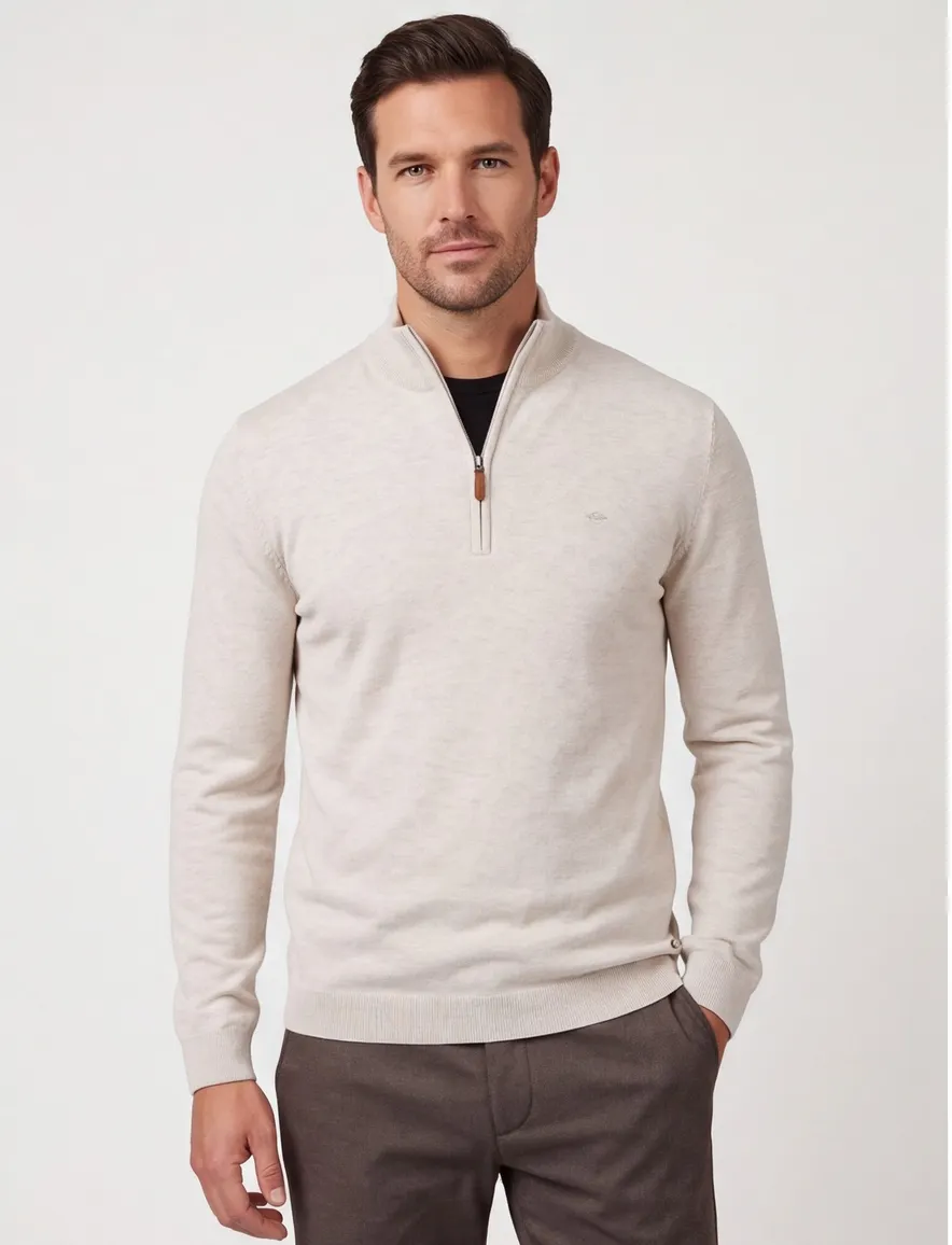 Fynch-Hatton trui halfzip creme effen katoen normale fit