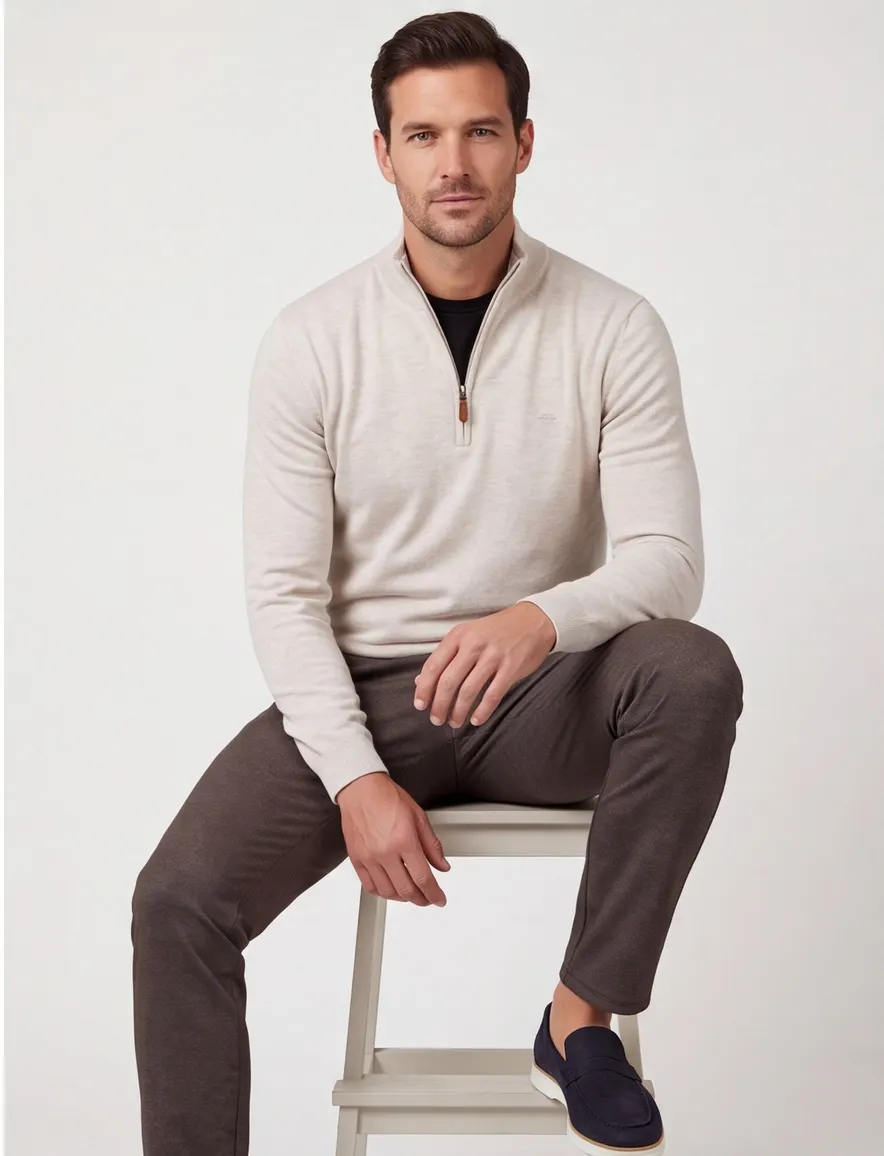 Fynch-Hatton trui halfzip creme Troyer Zip