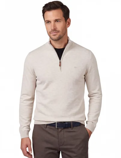 Fynch Hatton Fynch-Hatton trui halfzip creme effen katoen normale fit