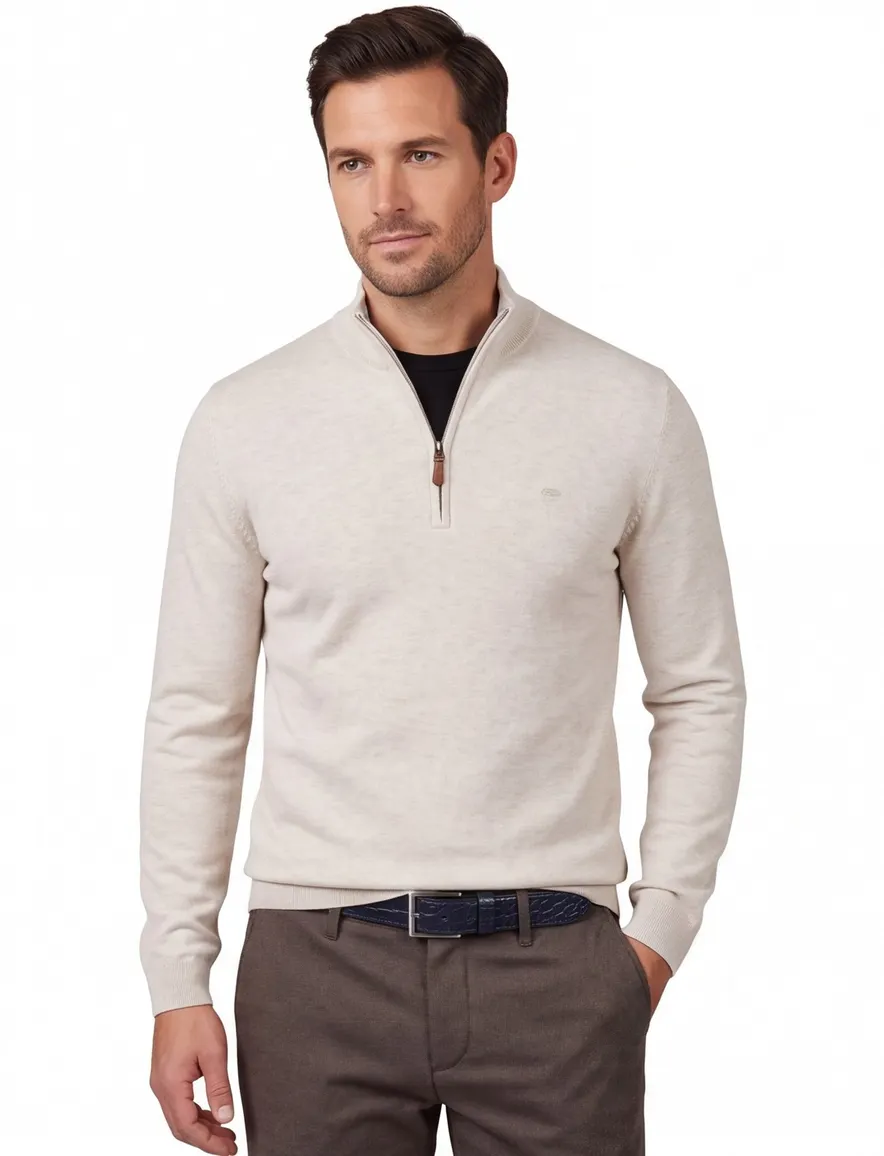Fynch-Hatton trui halfzip creme effen katoen normale fit