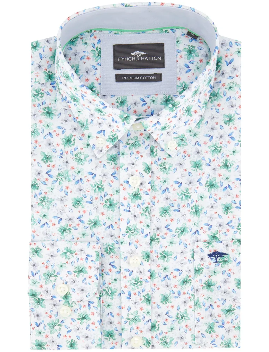 Fynch Hatton overhemd groen blauw geprint bloemen borstzak