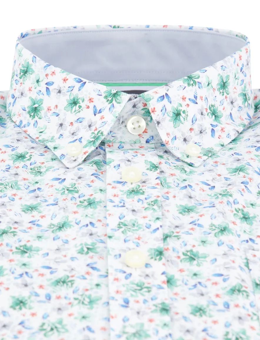 Fynch Hatton overhemd groen blauw geprint bloemen borstzak