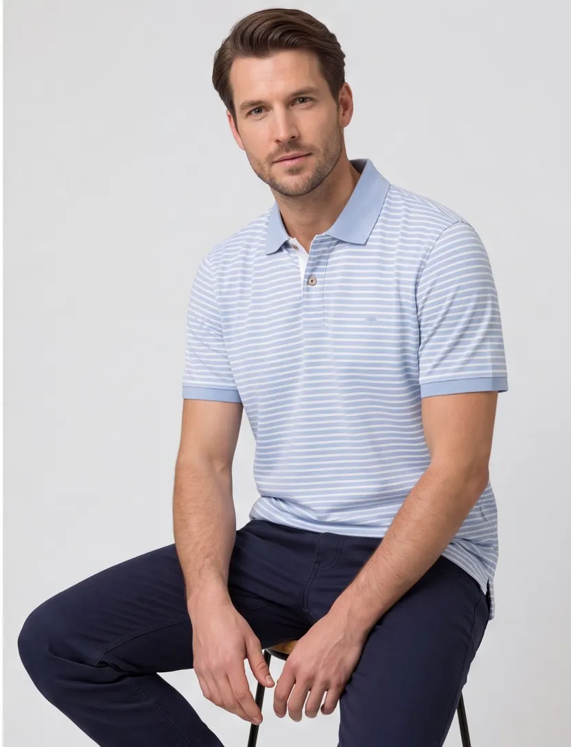 poloshirt korte mouw Fynch Hatton lichtblauw gestreept katoen