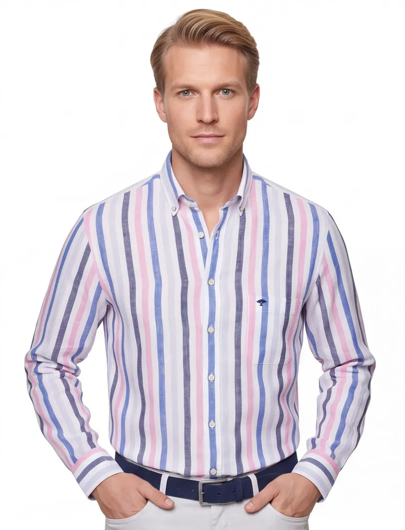 linnen Fynch-Hatton overhemd blauw gestreept met borstzak
