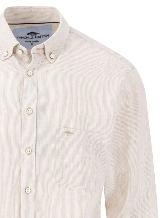 linnen Fynch-Hatton overhemd beige gestreept met borstzak
