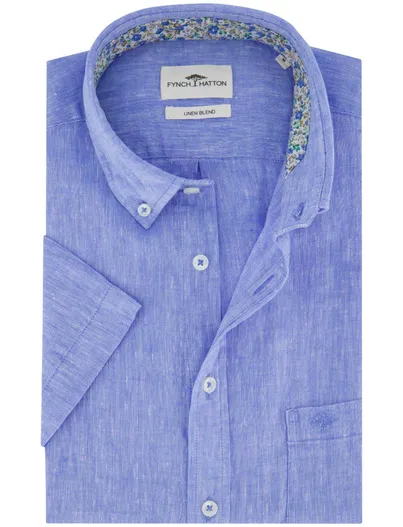 Fynch Hatton Fynch Hatton korte mouw overhemd blauw gemeleerd linnen