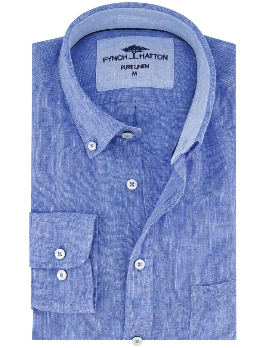 Fynch Hatton linnen overhemd middenblauw