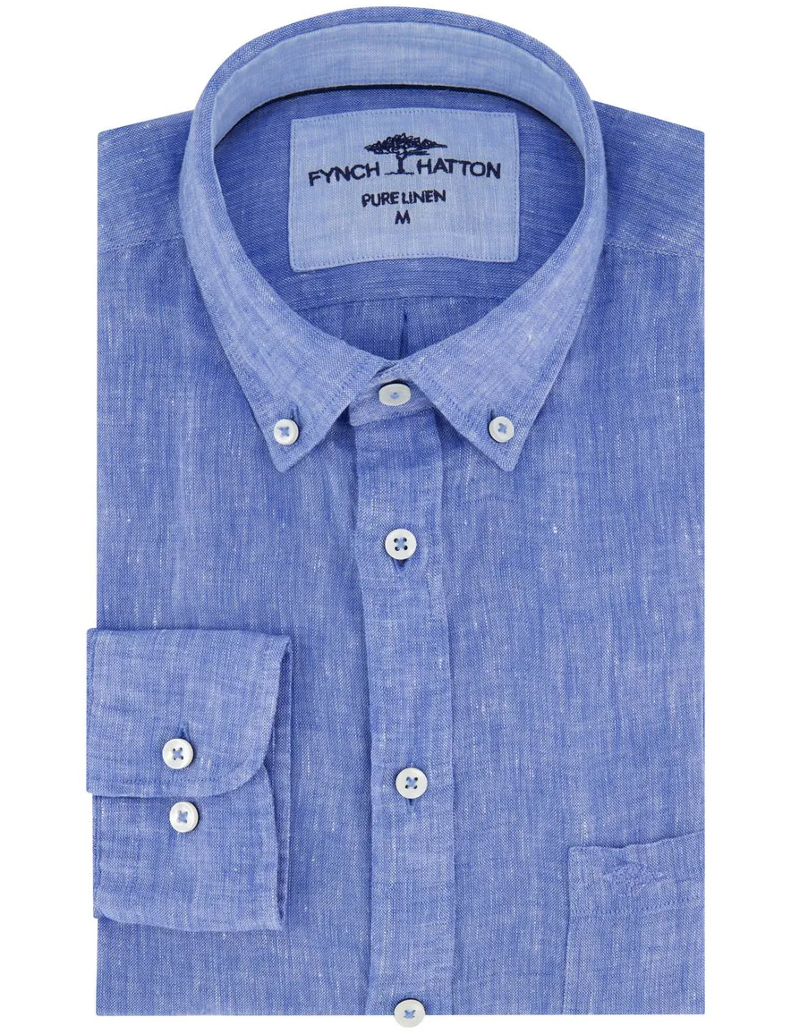 Fynch Hatton linnen overhemd middenblauw
