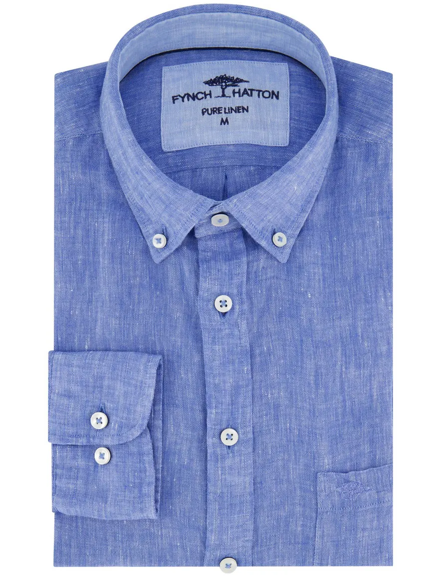 Fynch Hatton linnen overhemd middenblauw