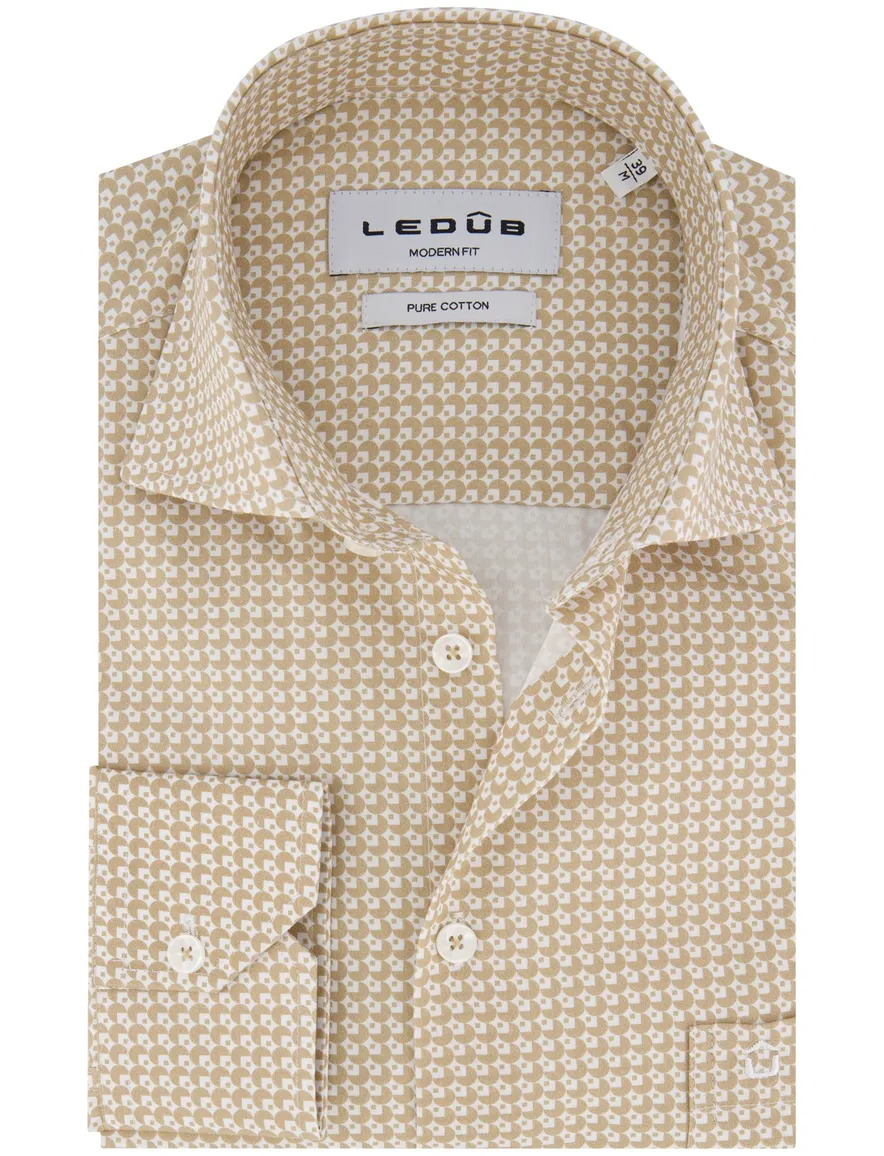 Ledub overhemd lichtbruin geprint modern fit