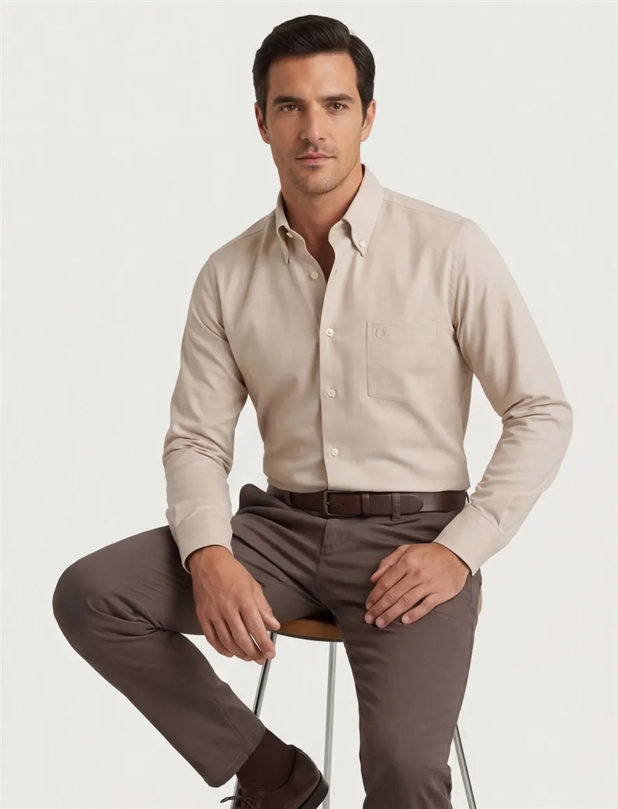 Ledub overhemd beige modern fit katoen