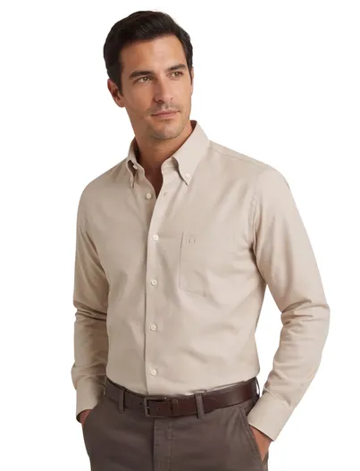 Ledub katoenen Ledub overhemd effen beige normale fit