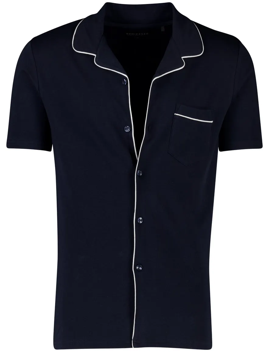 Schiesser pyjama donkerblauw effen katoen normale fit