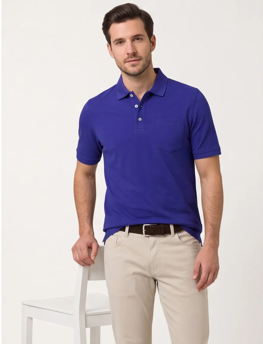 katoenen Brax polo blauw effen normale fit borstzak