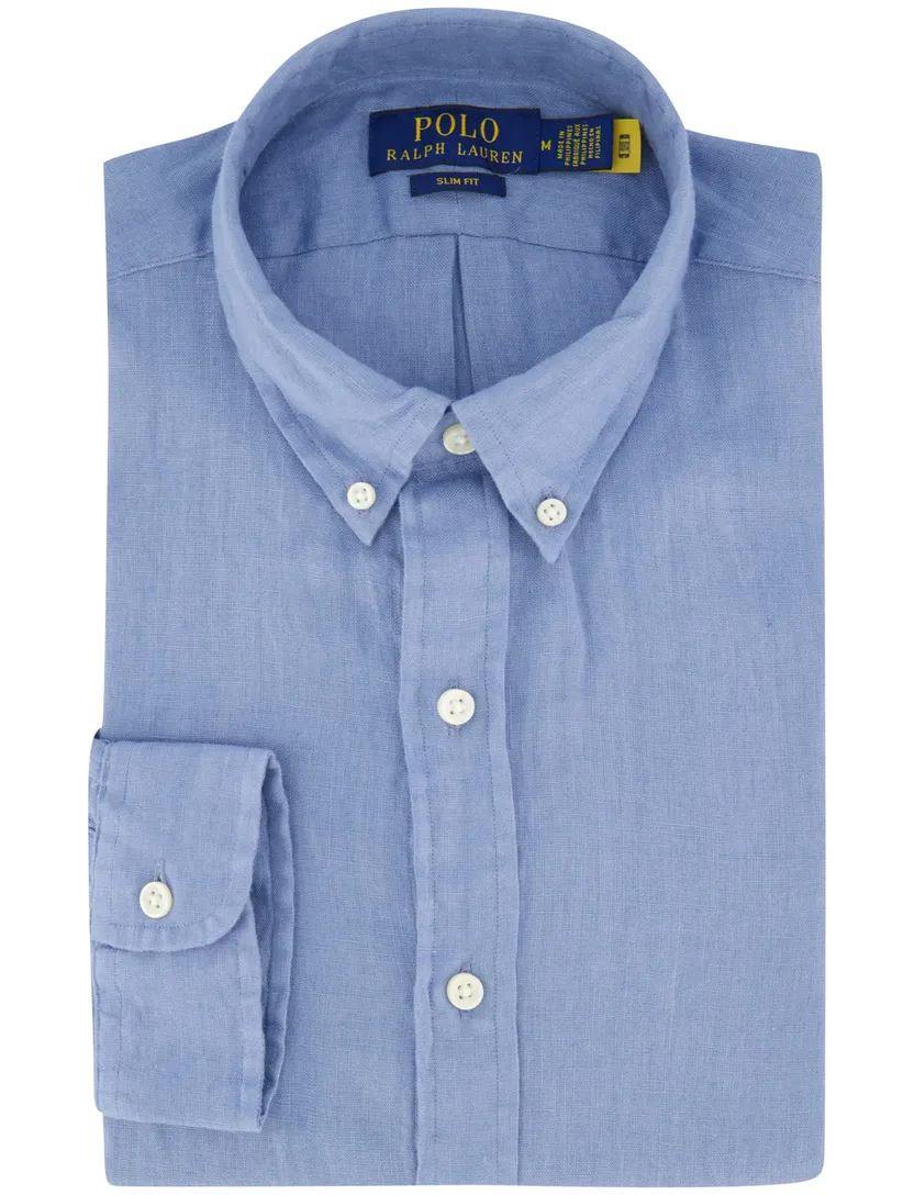 linnen Polo Ralph Lauren overhemd blauw effen slim fit
