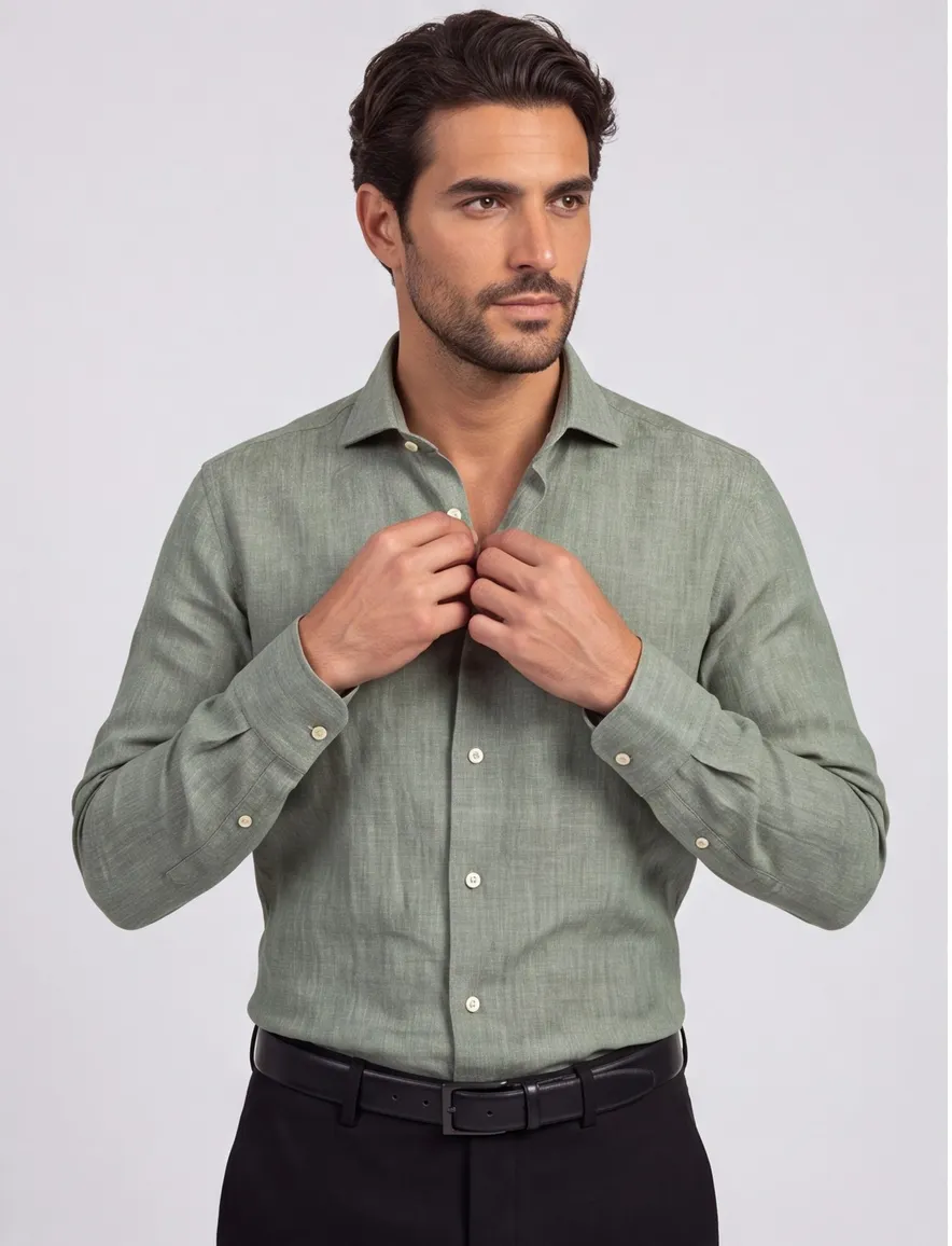 John Miller overhemd linnen groen wide collar