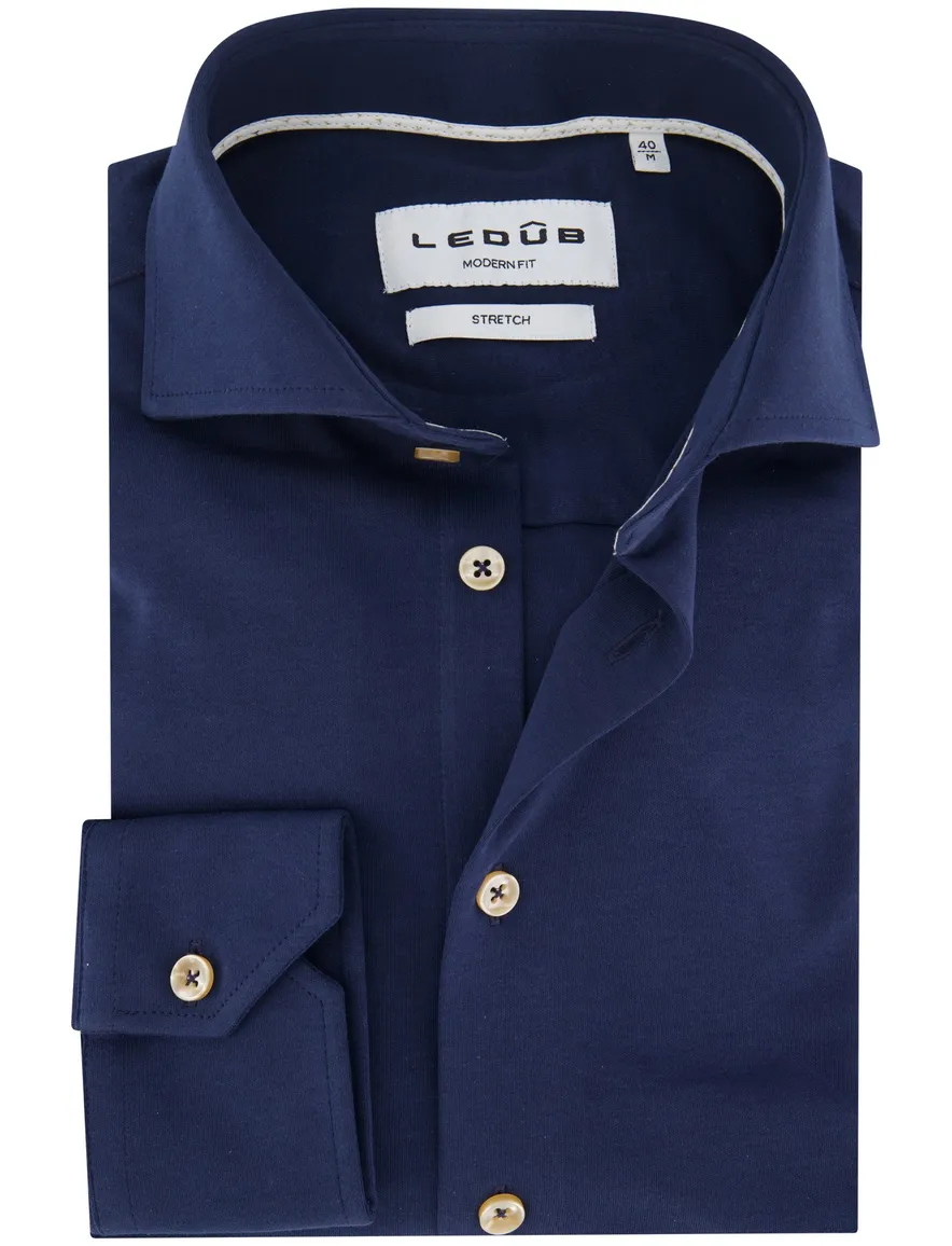Ledub overhemd donkerblauw stretch knitted