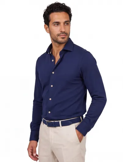 Ledub Ledub overhemd donkerblauw effen normale fit katoen