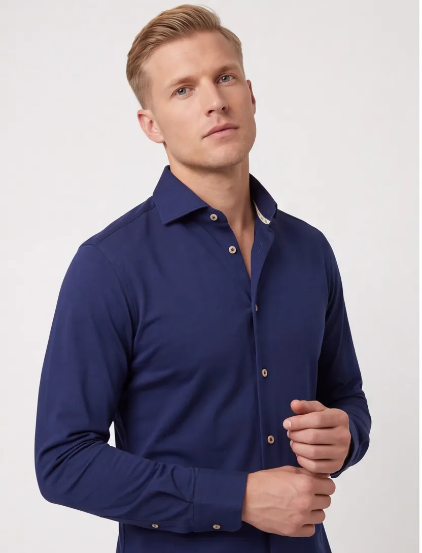 katoenen Ledub mouwlengte 7 overhemd effen donkerblauw