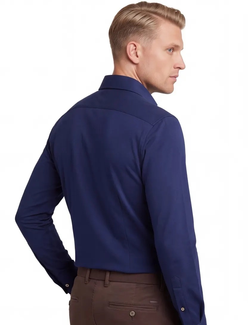 katoenen Ledub mouwlengte 7 overhemd effen donkerblauw