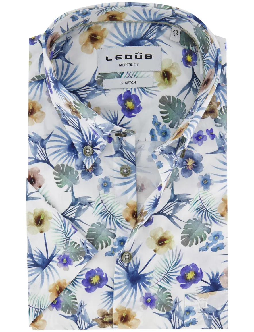 Ledub normale fit overhemd korte mouw blauw geprint katoen