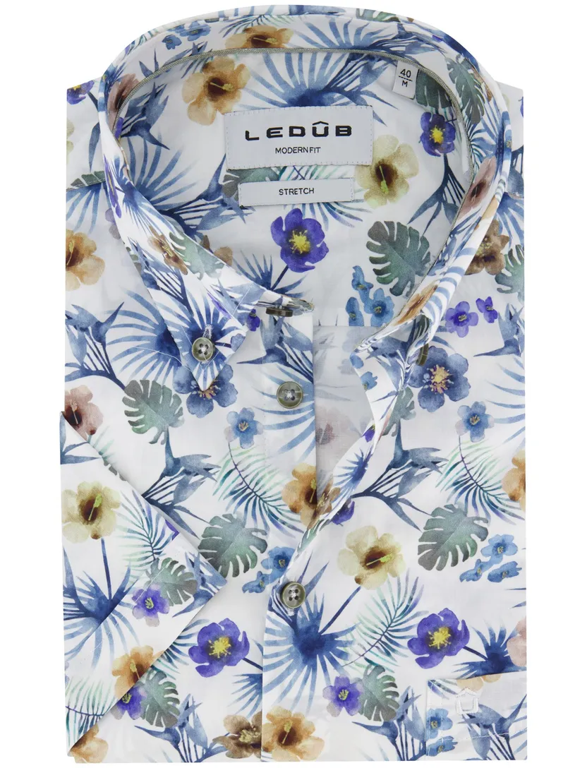 overhemd korte mouw Ledub normale fit wit geprint bloemen