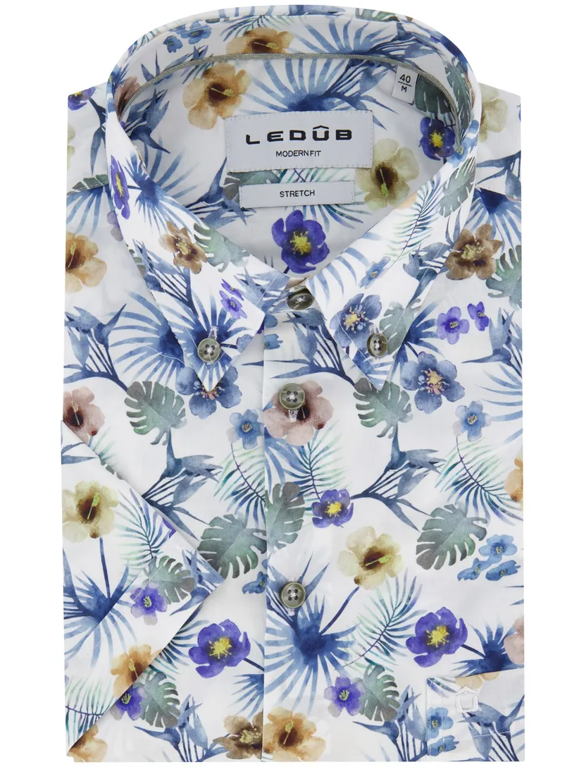 overhemd korte mouw Ledub normale fit wit geprint bloemen