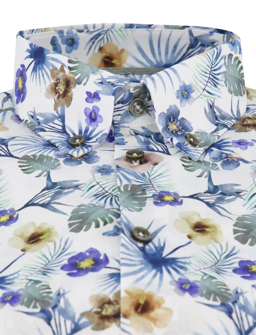 Ledub normale fit overhemd korte mouw blauw geprint katoen