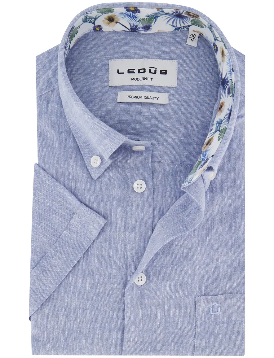 Ledub korte mouw overhemd gemeleerd blauw