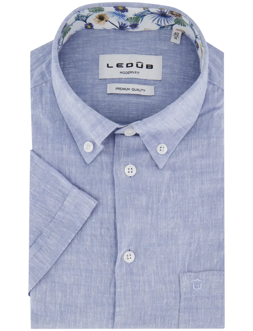 katoenen Ledub korte mouw overhemd blauw gemeleerd