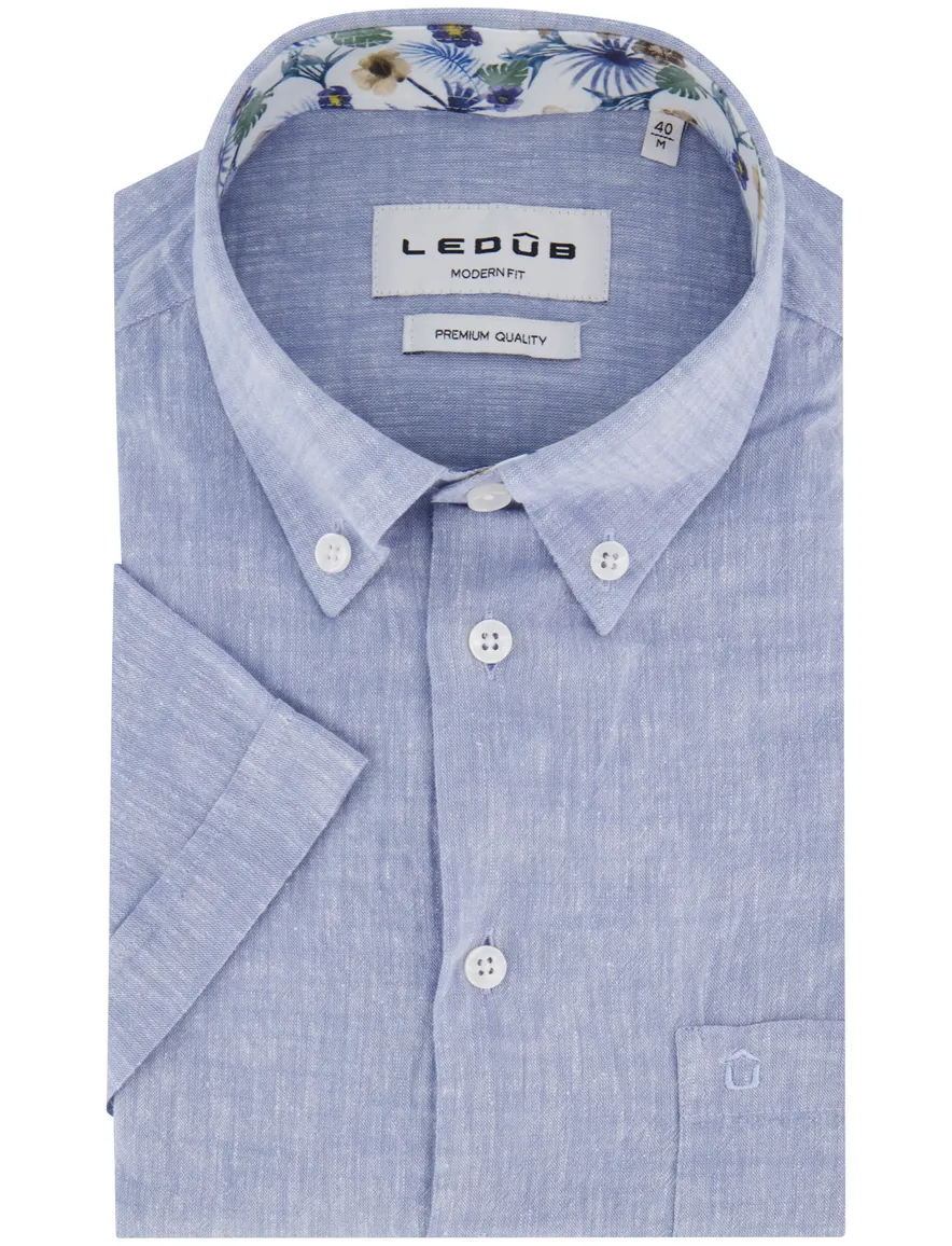 Ledub korte mouw overhemd gemeleerd blauw normale fit