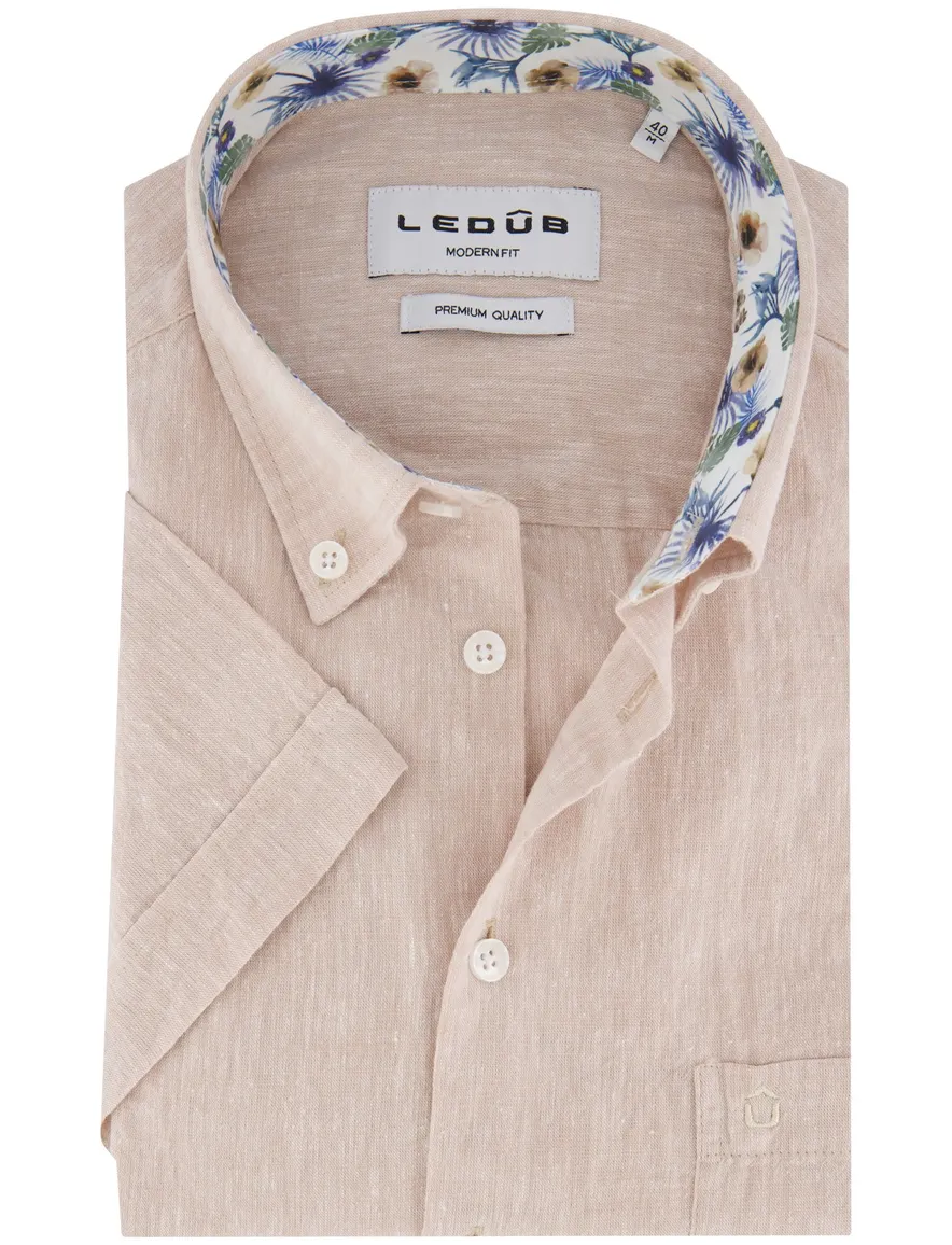 Ledub korte mouw overhemd beige gemeleerd normale fit