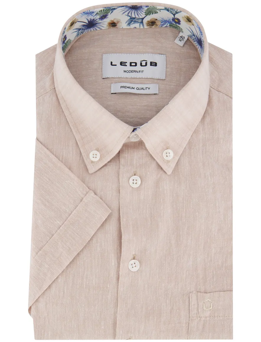 Ledub korte mouw overhemd beige gemeleerd normale fit
