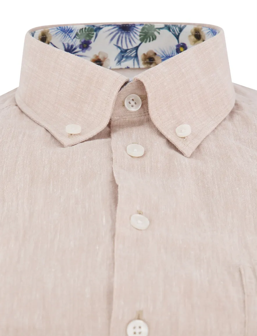 Ledub korte mouw overhemd beige gemeleerd normale fit