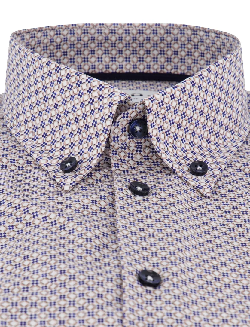 katoenen Ledub overhemd donkerblauw geprint katoen normale fit