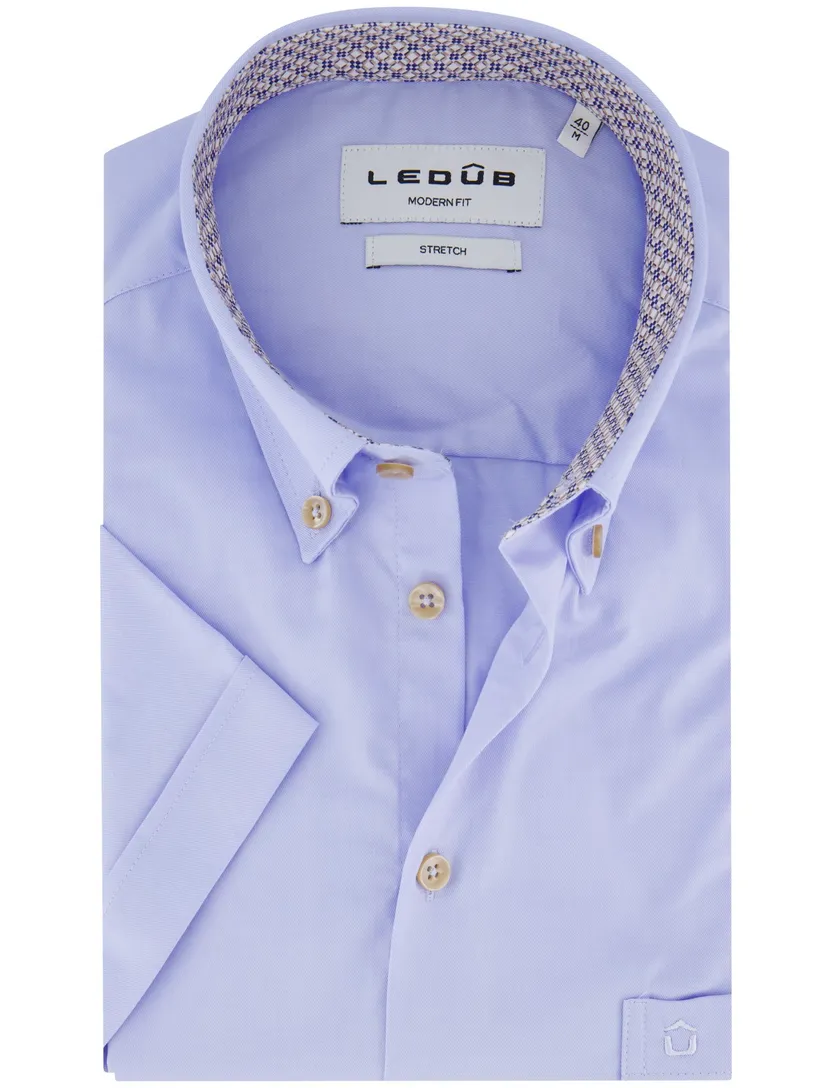 katoenen Ledub overhemd korte mouw blauw effen normale fit
