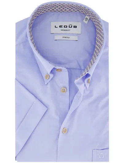 Ledub Ledub overhemd korte mouw blauw stretch katoen normale fit