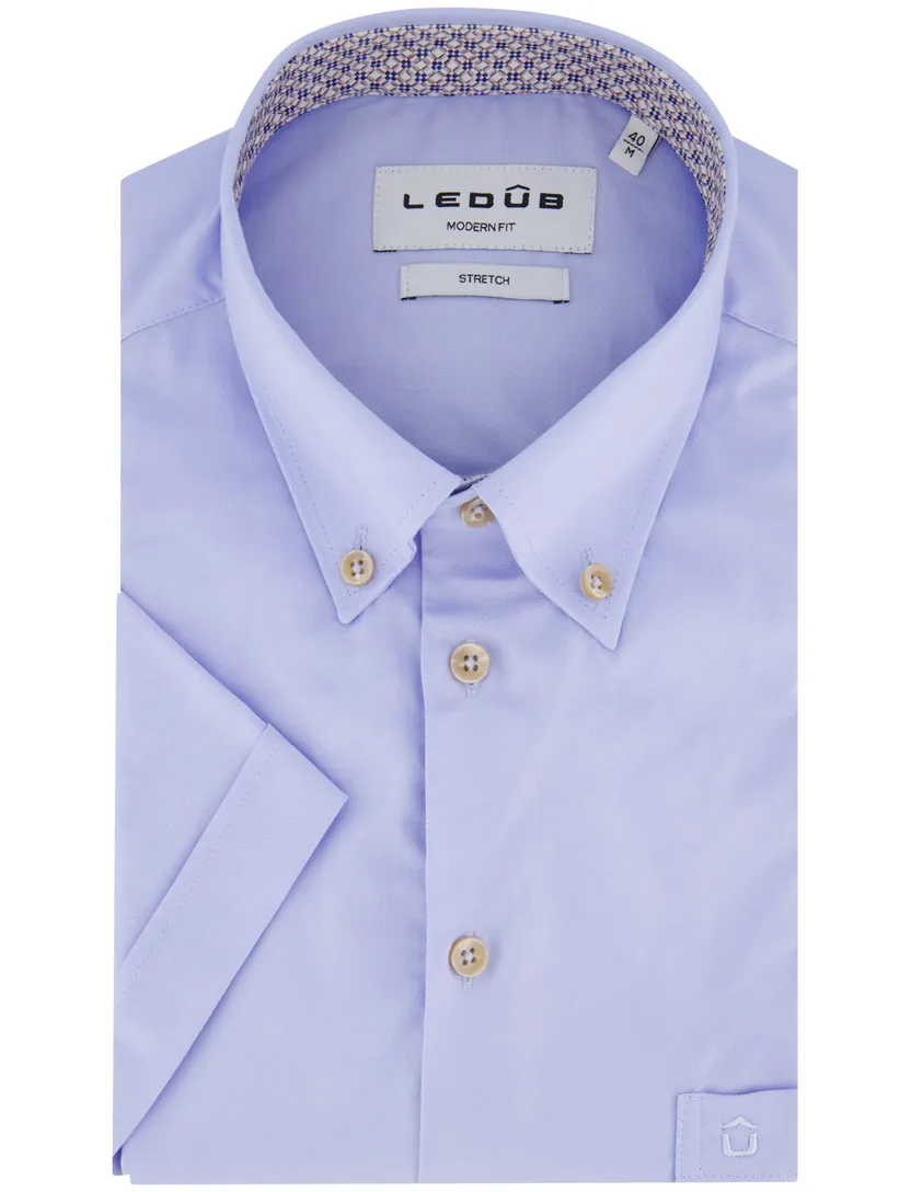 katoenen Ledub overhemd korte mouw blauw effen normale fit