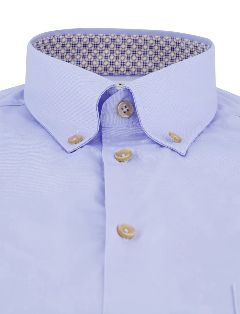 katoenen Ledub overhemd korte mouw blauw effen normale fit